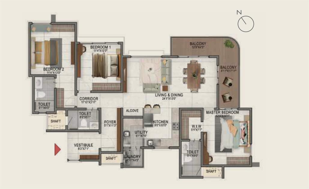 Nambiar District 25 – Phase 2 – Luxury 2, 3 & 4 BHK Apartments at Sarjapur — 3 BHK Floor Plan