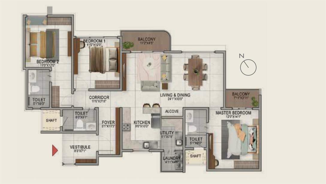Nambiar District 25 – Phase 2 – Luxury 2, 3 & 4 BHK Apartments at Sarjapur — 3 BHK Floor Plan