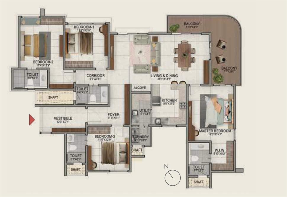 Nambiar District 25 – Phase 2 – Luxury 2, 3 & 4 BHK Apartments at Sarjapur — 4 BHK Floor Plan